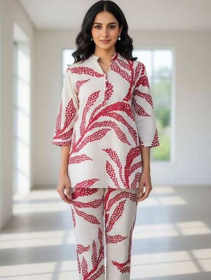 Womens white self design cotton fabric co-ords 3/4 sleeves mandarin collar