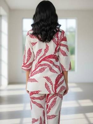 Womens white self design cotton fabric co-ords 3/4 sleeves mandarin collar 2