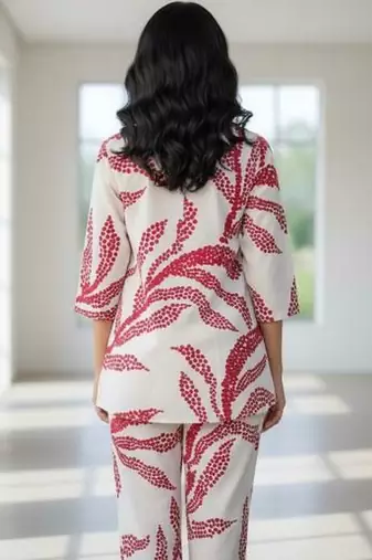 Womens white self design cotton fabric co-ords 3/4 sleeves mandarin collar