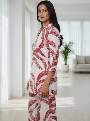 Womens white self design cotton fabric co-ords 3/4 sleeves mandarin collar 3