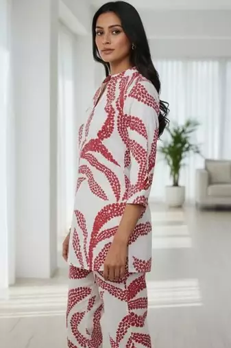 Womens white self design cotton fabric co-ords 3/4 sleeves mandarin collar