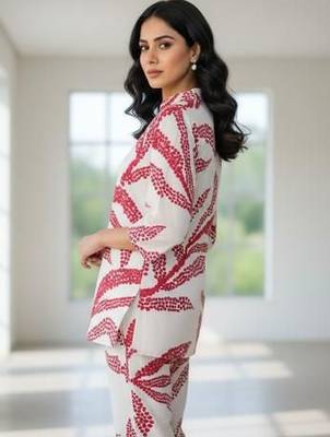 Womens white self design cotton fabric co-ords 3/4 sleeves mandarin collar 5