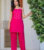 Womens pink self design cotton fabric co-ords sleeveless square neck
