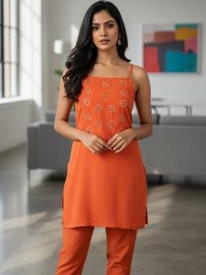 Womens rush self design cotton fabric co-ords sleeveless square neck 1