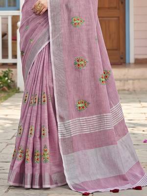 women blue linen saree with floral embroidery border & tassels 4