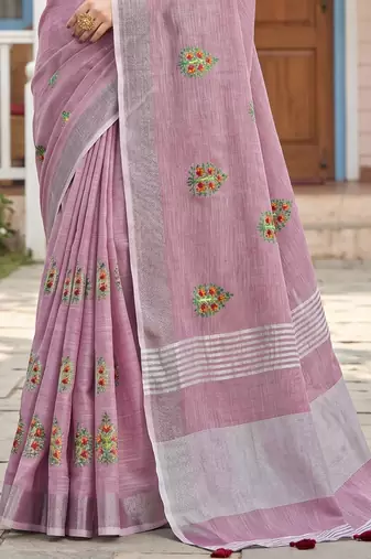 women blue linen saree with floral embroidery border & tassels