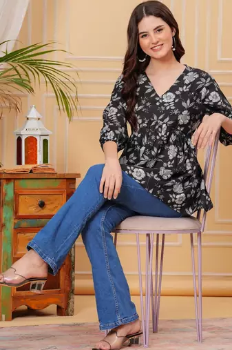 Womens black self design cotton fabric kurtis 3/4 sleeves v-neck