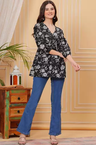 Womens black self design cotton fabric kurtis 3/4 sleeves v-neck