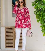 Womens red self design cotton fabric kurtis 3/4 sleeves v-neck
