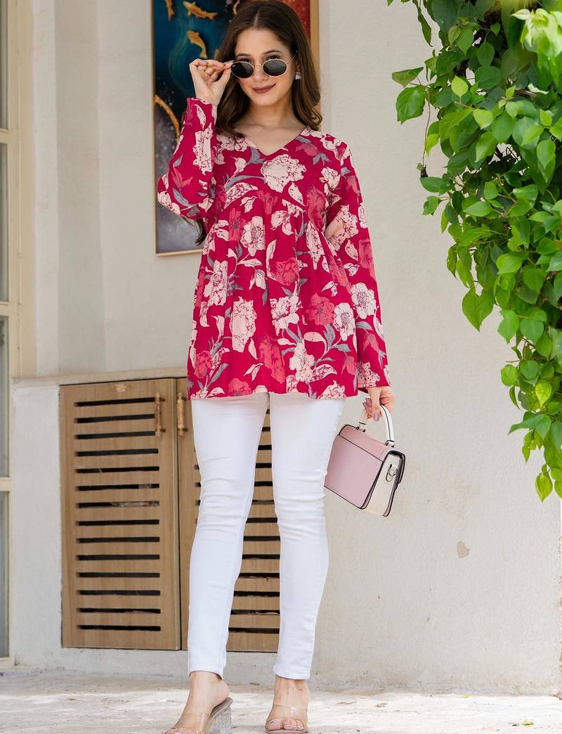 Womens red self design cotton fabric kurtis 3/4 sleeves v-neck