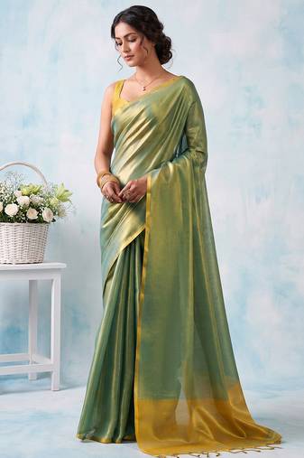 women teal green & gold-toned solid tissue silk blend saree with zari border
