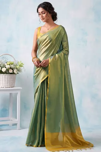women teal green & gold-toned solid tissue silk blend saree with zari border