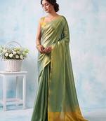 women teal green & gold-toned solid tissue silk blend saree with zari border