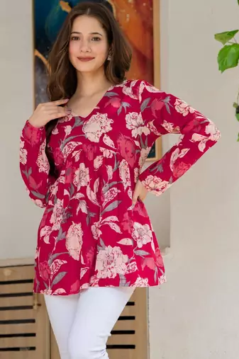 Womens red self design cotton fabric kurtis 3/4 sleeves v-neck