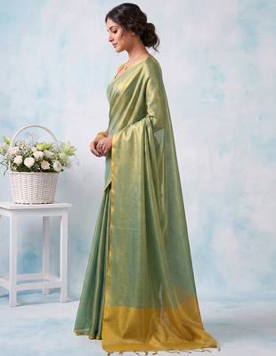 women teal green & gold-toned solid tissue silk blend saree with zari border 3