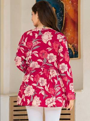 Womens red self design cotton fabric kurtis 3/4 sleeves v-neck 3