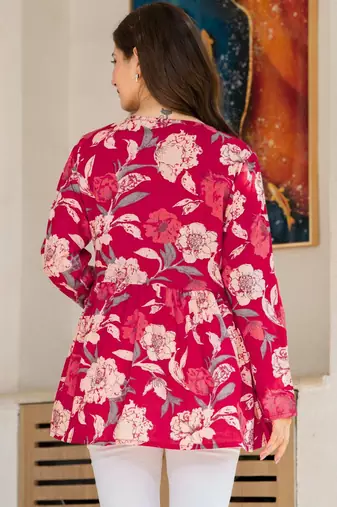 Womens red self design cotton fabric kurtis 3/4 sleeves v-neck