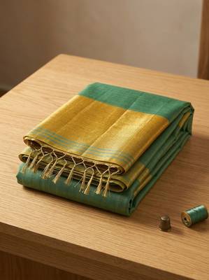 women teal green & gold-toned solid tissue silk blend saree with zari border 4