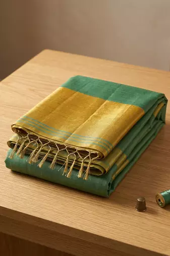 women teal green & gold-toned solid tissue silk blend saree with zari border