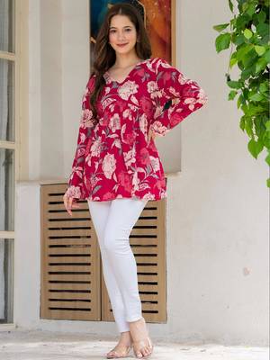Womens red self design cotton fabric kurtis 3/4 sleeves v-neck 4