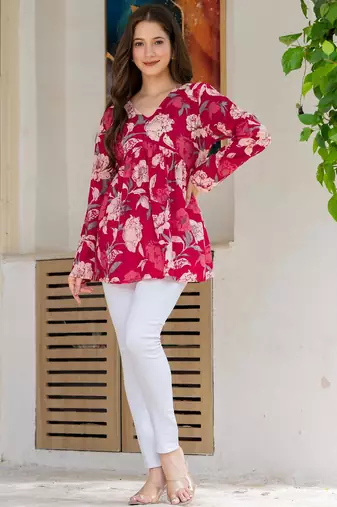 Womens red self design cotton fabric kurtis 3/4 sleeves v-neck
