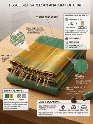 women teal green & gold-toned solid tissue silk blend saree with zari border 5