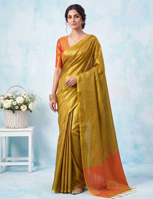women mustard yellow & orange solid tissue silk blend saree with contrast border 1