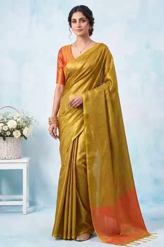 women mustard yellow & orange solid tissue silk blend saree with contrast border