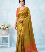 women mustard yellow & orange solid tissue silk blend saree with contrast border
