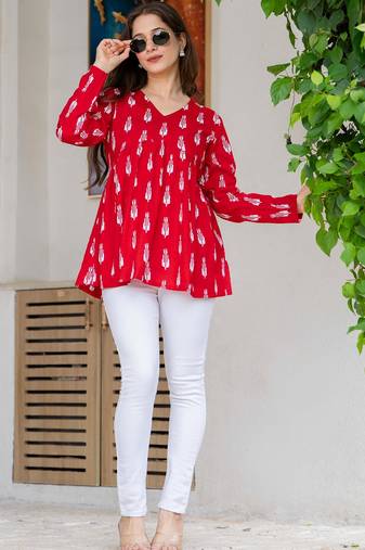 Womens red self design cotton fabric kurtis 3/4 sleeves v-neck