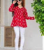 Womens red self design cotton fabric kurtis 3/4 sleeves v-neck