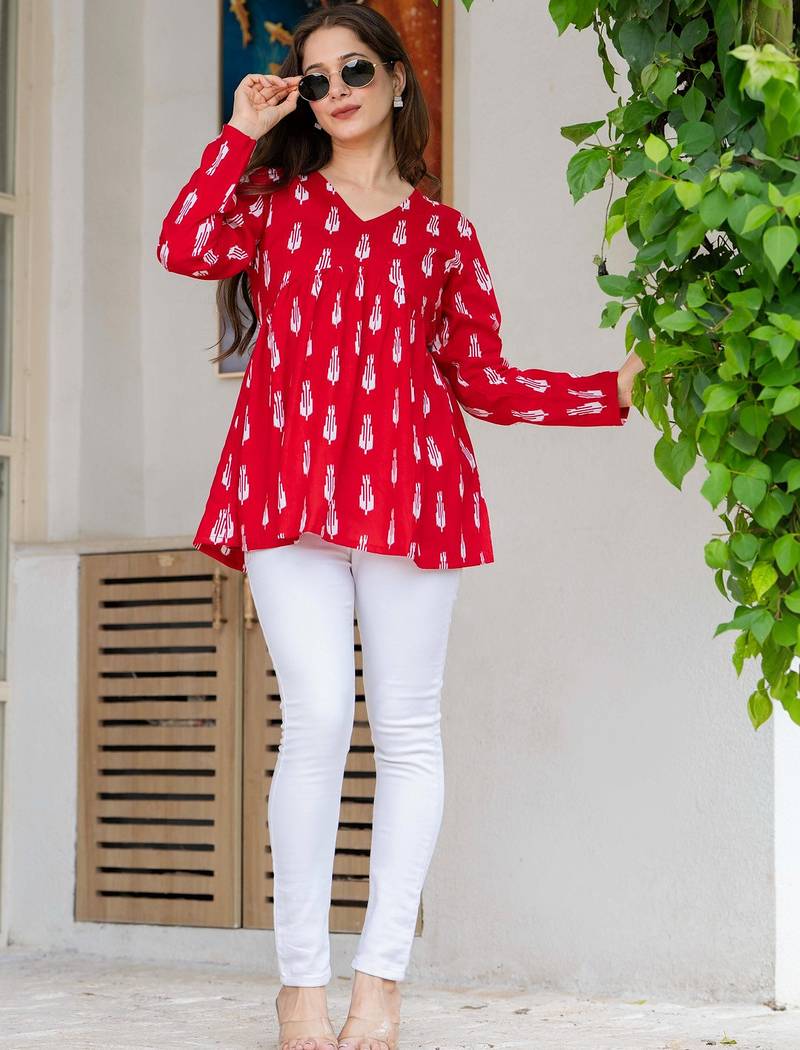 Womens red self design cotton fabric kurtis 3/4 sleeves v-neck