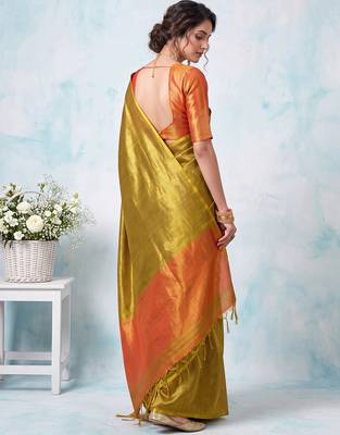 women mustard yellow & orange solid tissue silk blend saree with contrast border 2