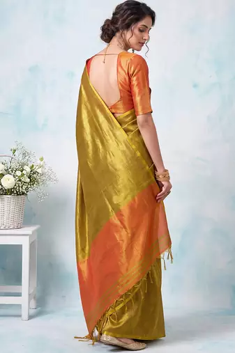 women mustard yellow & orange solid tissue silk blend saree with contrast border