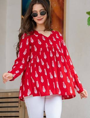 Womens red self design cotton fabric kurtis 3/4 sleeves v-neck 2