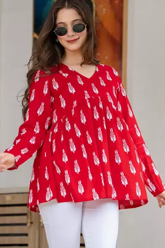 Womens red self design cotton fabric kurtis 3/4 sleeves v-neck