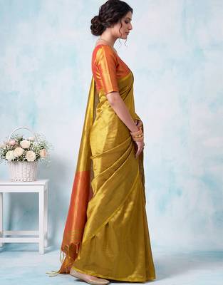 women mustard yellow & orange solid tissue silk blend saree with contrast border 3