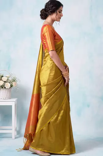 women mustard yellow & orange solid tissue silk blend saree with contrast border
