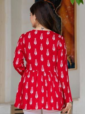 Womens red self design cotton fabric kurtis 3/4 sleeves v-neck 3