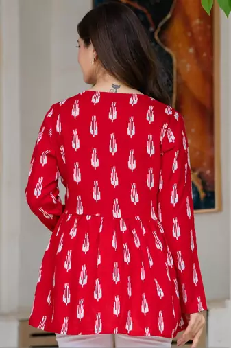 Womens red self design cotton fabric kurtis 3/4 sleeves v-neck