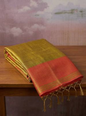 women mustard yellow & orange solid tissue silk blend saree with contrast border 4