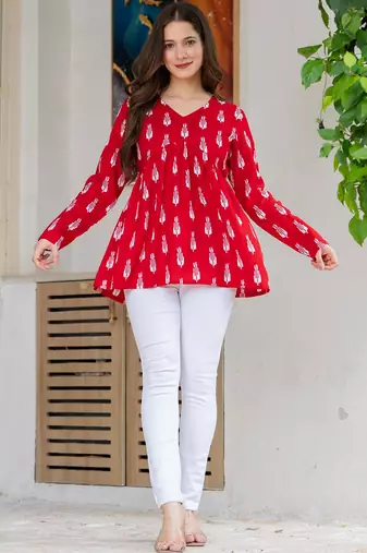 Womens red self design cotton fabric kurtis 3/4 sleeves v-neck