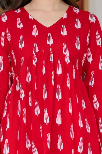 Womens red self design cotton fabric kurtis 3/4 sleeves v-neck