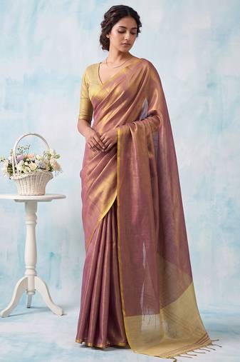 women mauve blue & gold-toned solid tissue silk blend shimmer saree