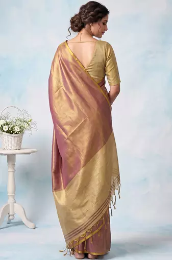 women mauve blue & gold-toned solid tissue silk blend shimmer saree