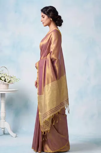 women mauve blue & gold-toned solid tissue silk blend shimmer saree