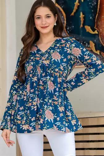 Womens blue self design cotton fabric kurtis 3/4 sleeves v-neck