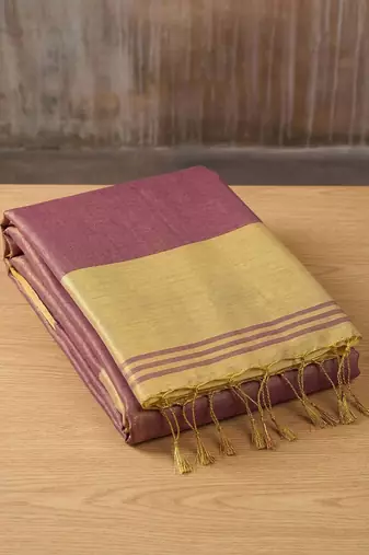 women mauve blue & gold-toned solid tissue silk blend shimmer saree