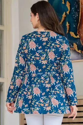 Womens blue self design cotton fabric kurtis 3/4 sleeves v-neck