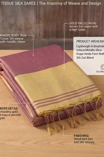 women mauve blue & gold-toned solid tissue silk blend shimmer saree